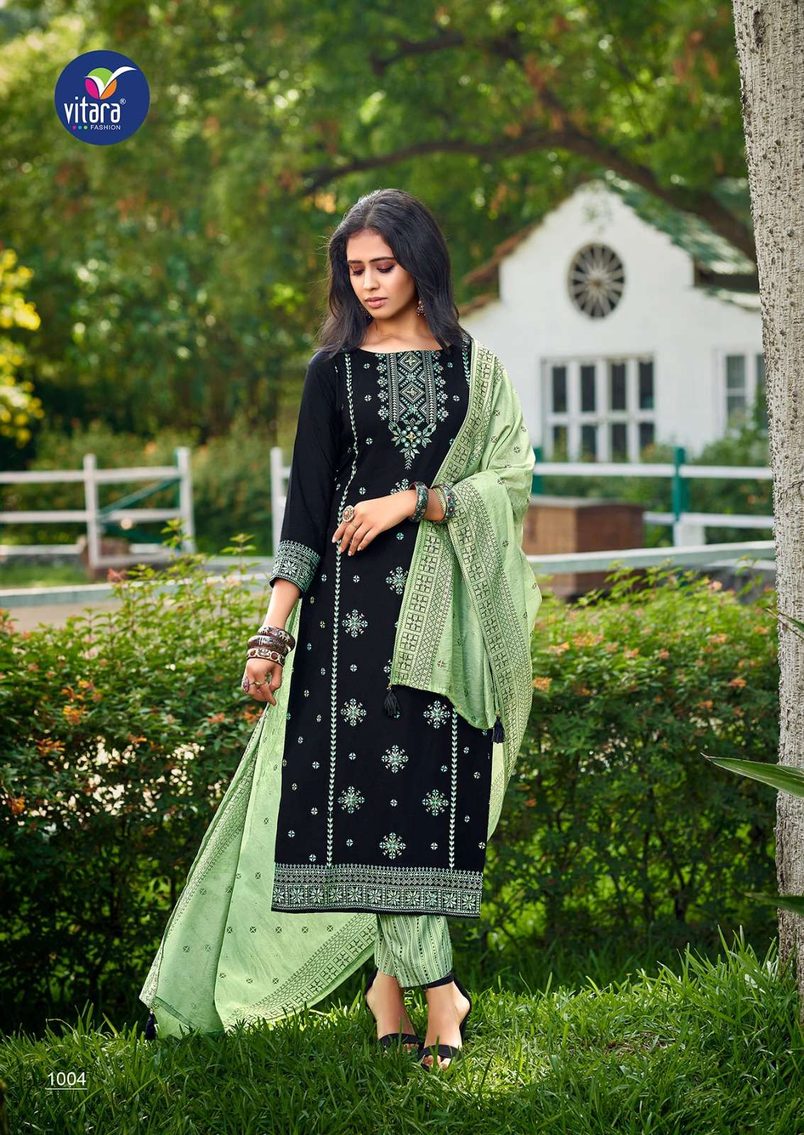 CALISTO HEAVY REYON FOIL PRINT HANDWORK KURTI WITH BOTTOM AND VISCOS CHANDERI DUPATTA BY VITARA FASHION BRAND 1004